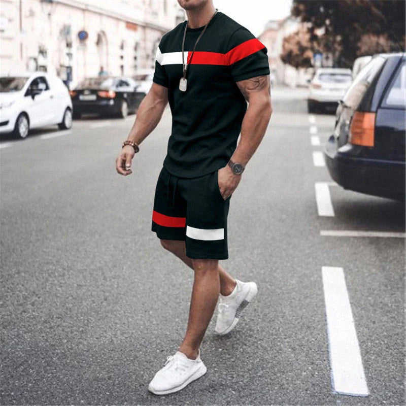 Men's Athletic Leisure Patchwork Short Sleeve Fitness Suit in various colours