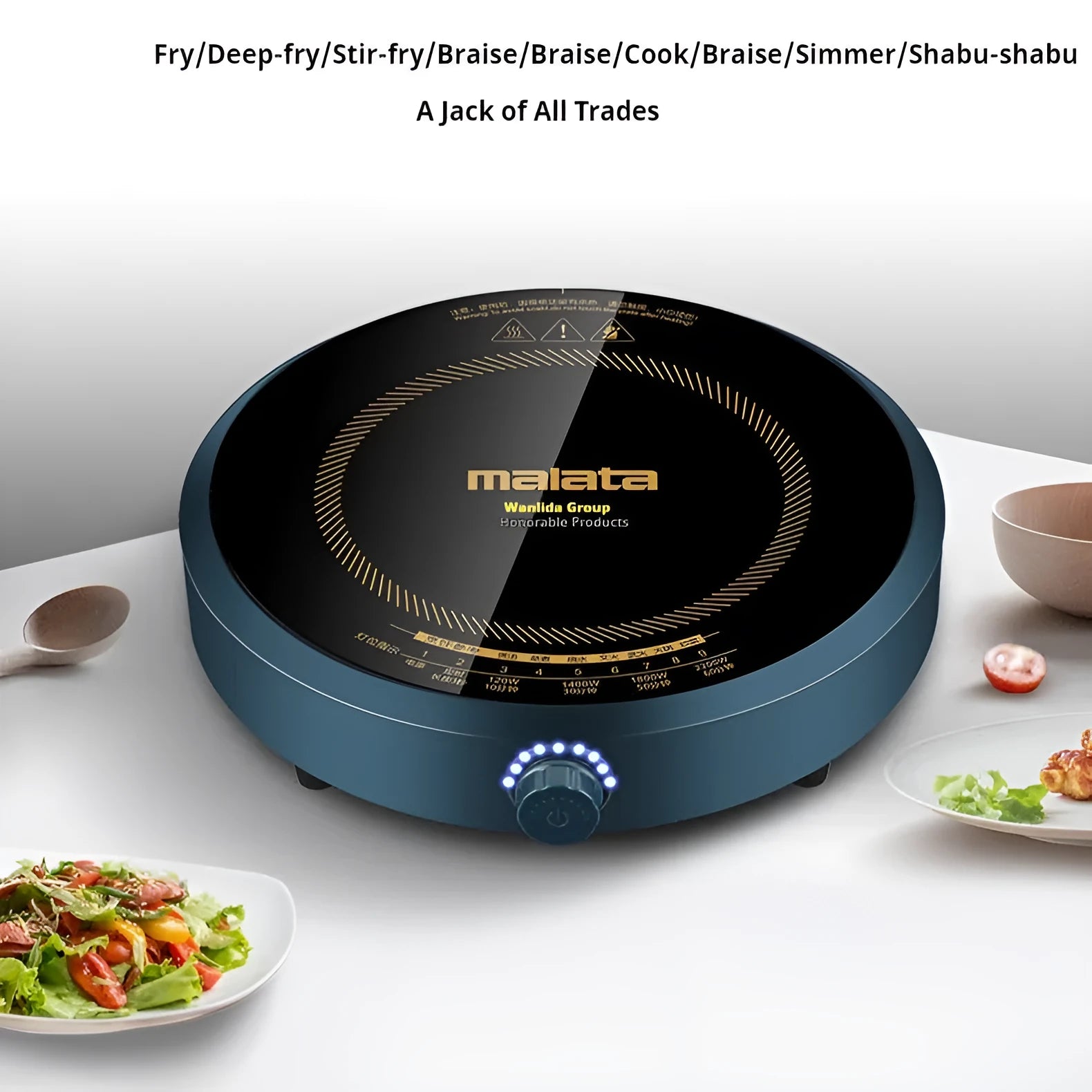 Induction cooker with circular 270mm heating area and knob control interface