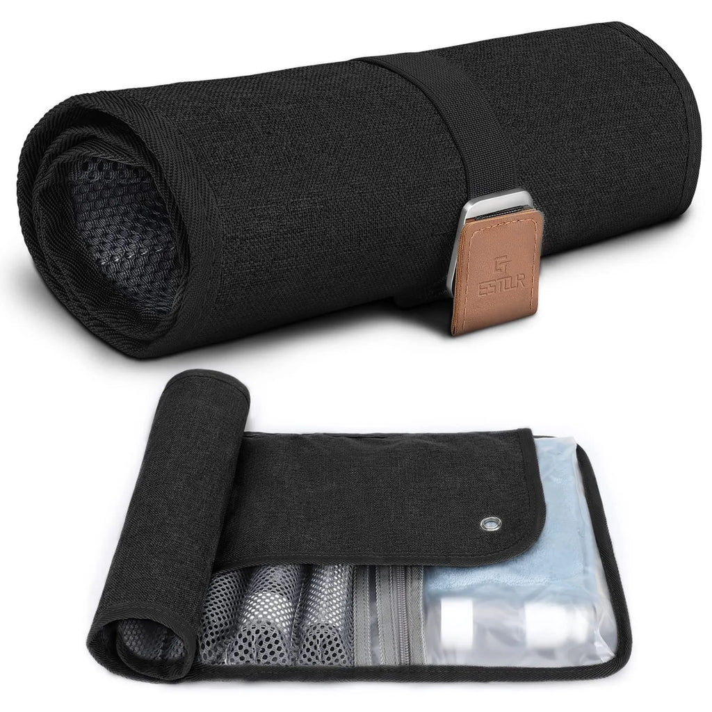 Men's black and light brown PU portable travel wash bag or buggy bag for toiletries