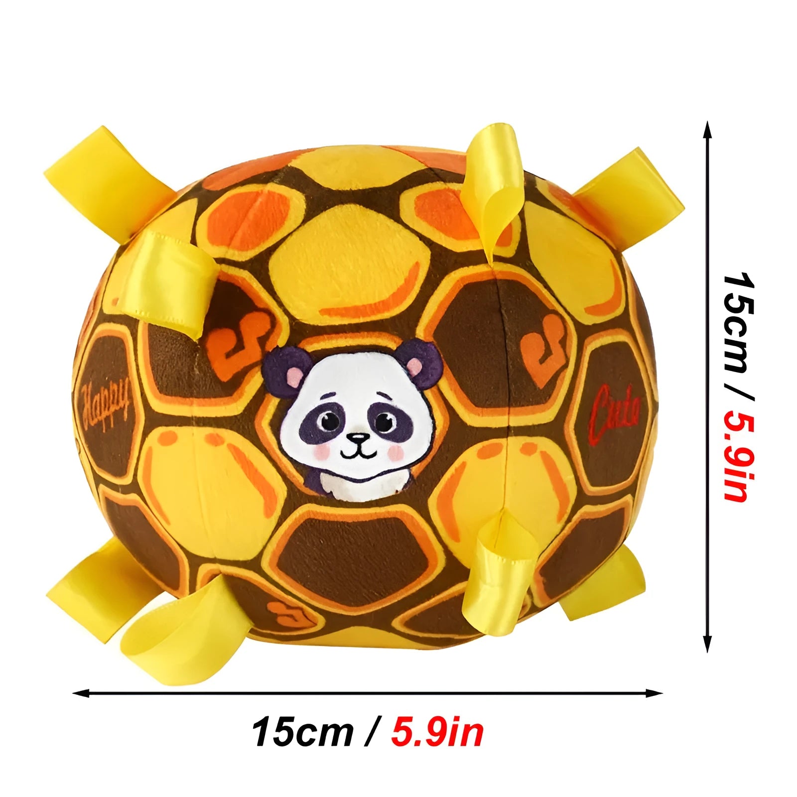 Green plush ball dog toy with a fabric handle, shown next to a yellow and a watermelon-coloured version.