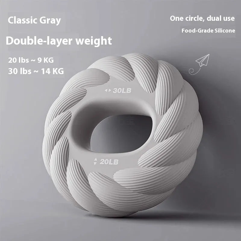 Silicone grip ring hand exerciser in grey with 20-30 pound resistance for finger and grip training