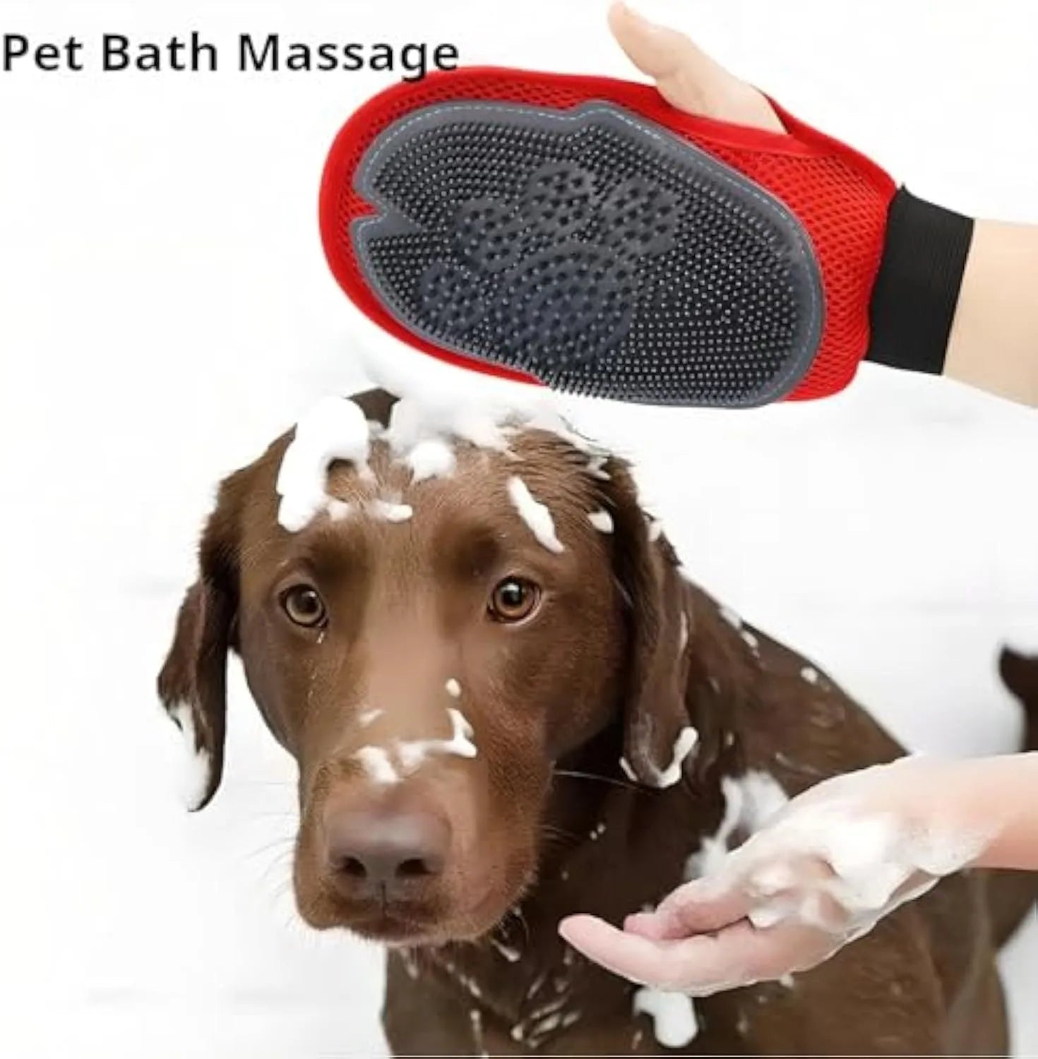 Red silicone pet bathing glove with integrated brush pattern for dog and cat grooming