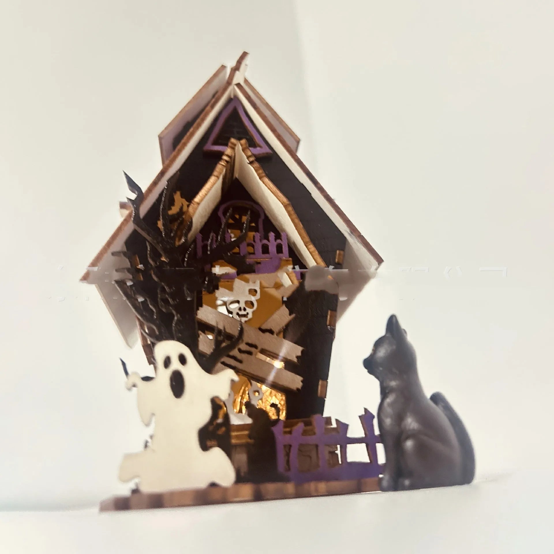 DIY wooden haunted house Halloween table decoration with candlestick function