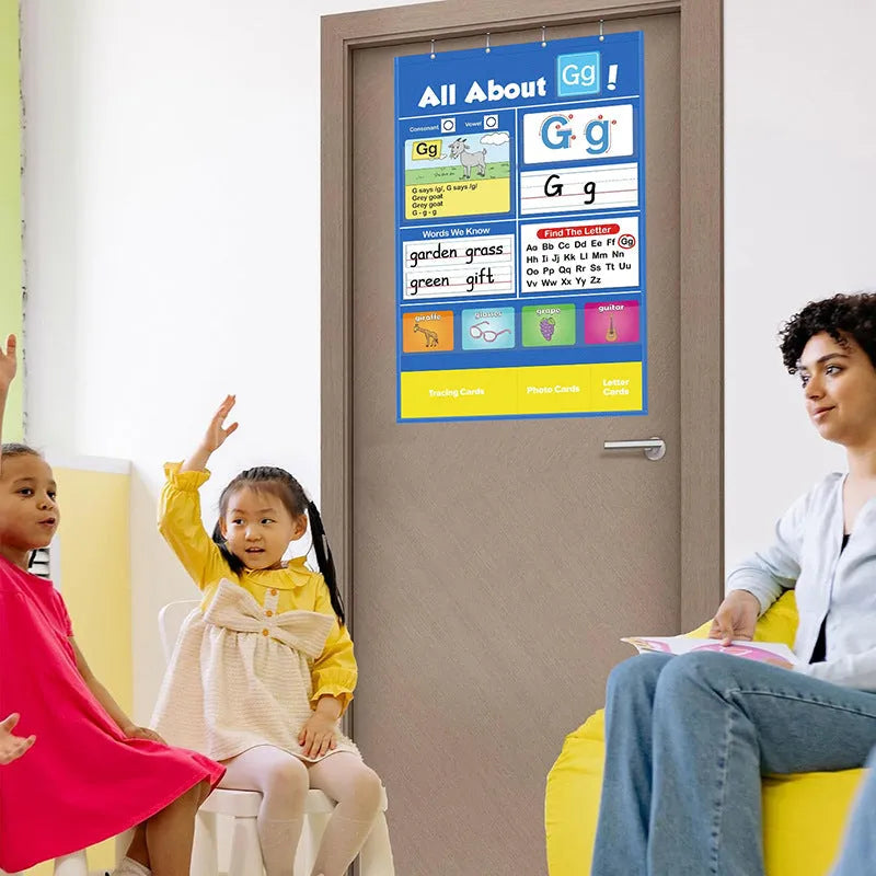 Alphabet learning sleeve table chart with letter cards, picture cards, and song set for children.