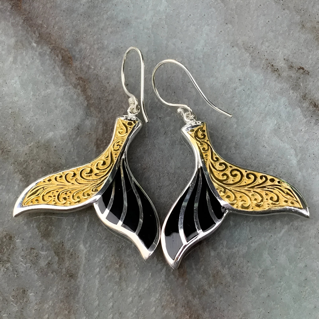 Women's white gold-colour fishtail earrings with whale design elements in retro style