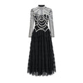 Women's long sleeve black beaded dress with three-dimensional decoration and mid-waist.