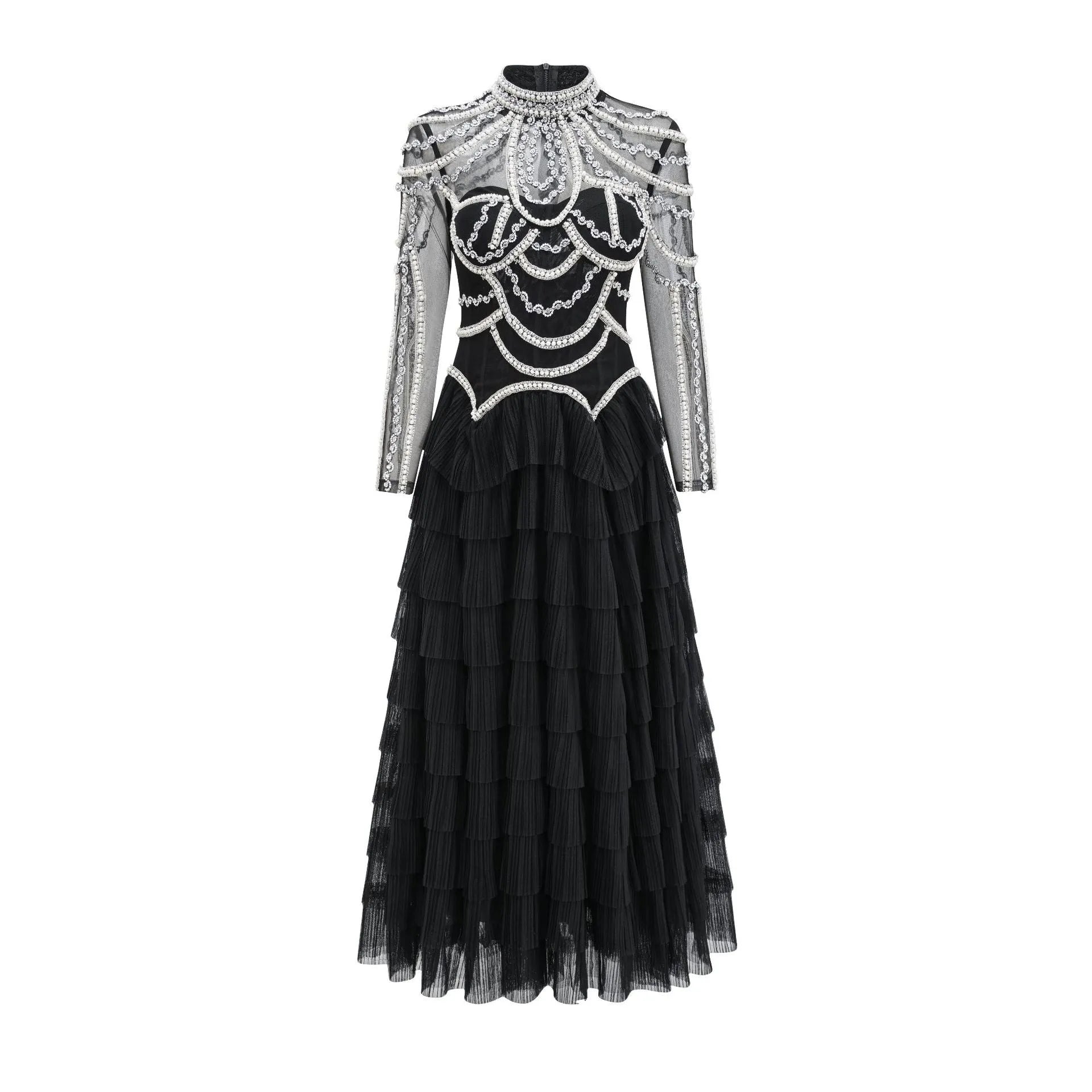 Women's long sleeve black beaded dress with three-dimensional decoration and mid-waist.