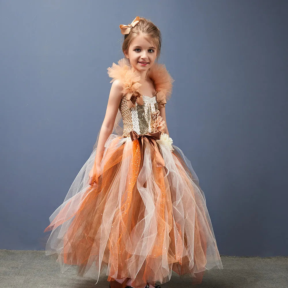Girls' sleeveless mesh princess dress with cartoon flower pattern and sequin accents, skirt and barrettes colour, size 4-5Y