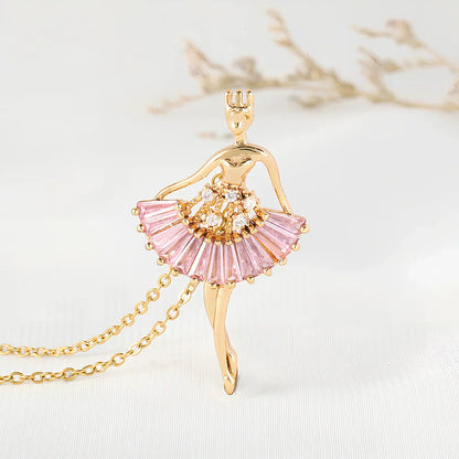 Gold titanium steel ballet girl necklace with rhinestone inlays on 40cm chain, adjustable to 45cm for women