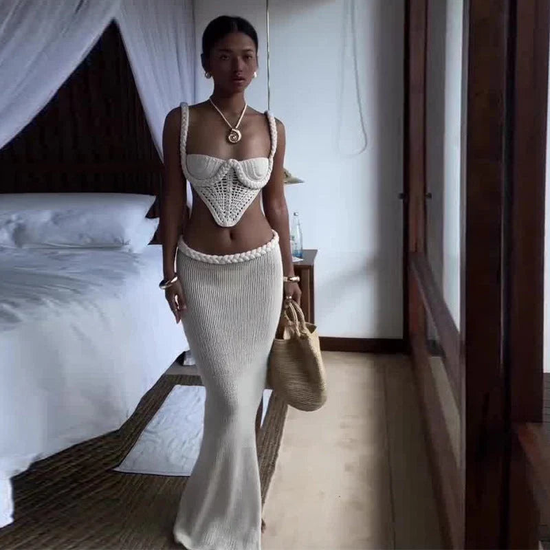 Y2K crochet knit 2 piece skirt set with square collar camisole and hip skirt in white