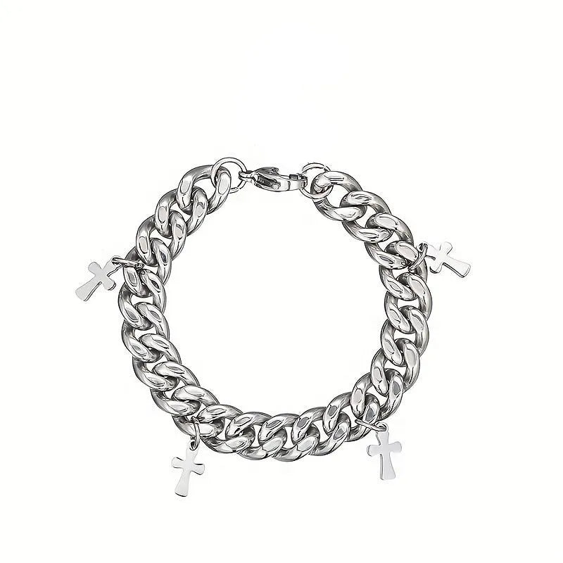 Men's titanium steel bracelet with a geometric shape and a central cross design.