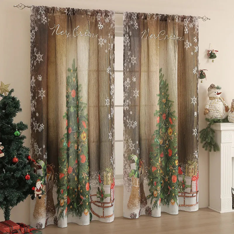 Rectangular printed polyester curtain with festive design hanging in a window
