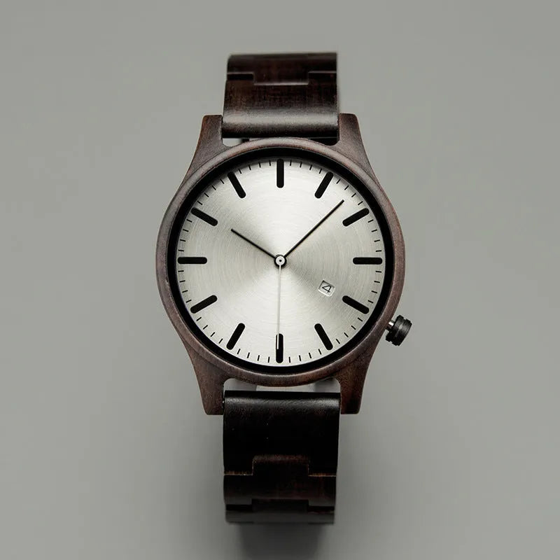 Men's wood quartz pointer watch with 10mm thickness, four B09 colour options, casual style, wooden case