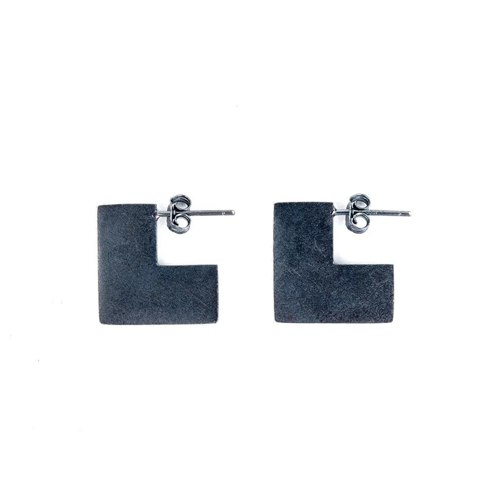 Oxidation black sterling silver geometric square earring measuring approximately 16mm