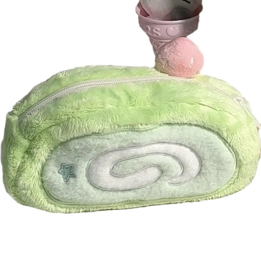 Velvet pencil case with Swiss roll cake design and Korean style aesthetic