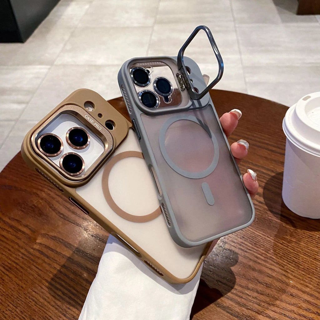 Titanium gray PC phone case for iPhone 17 with integrated lens cover and built-in stand