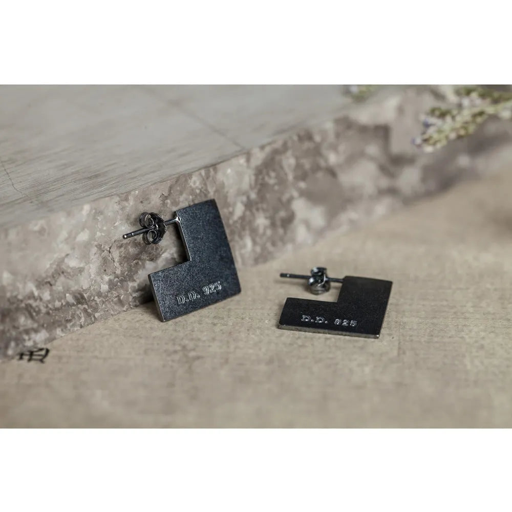 Oxidation black sterling silver geometric square earring measuring approximately 16mm