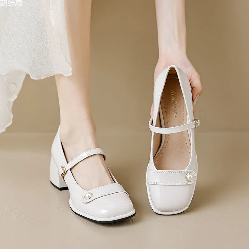 Women's plus size apricot patent leather chunky heel hiking shoe with buckle fastening and square toe.