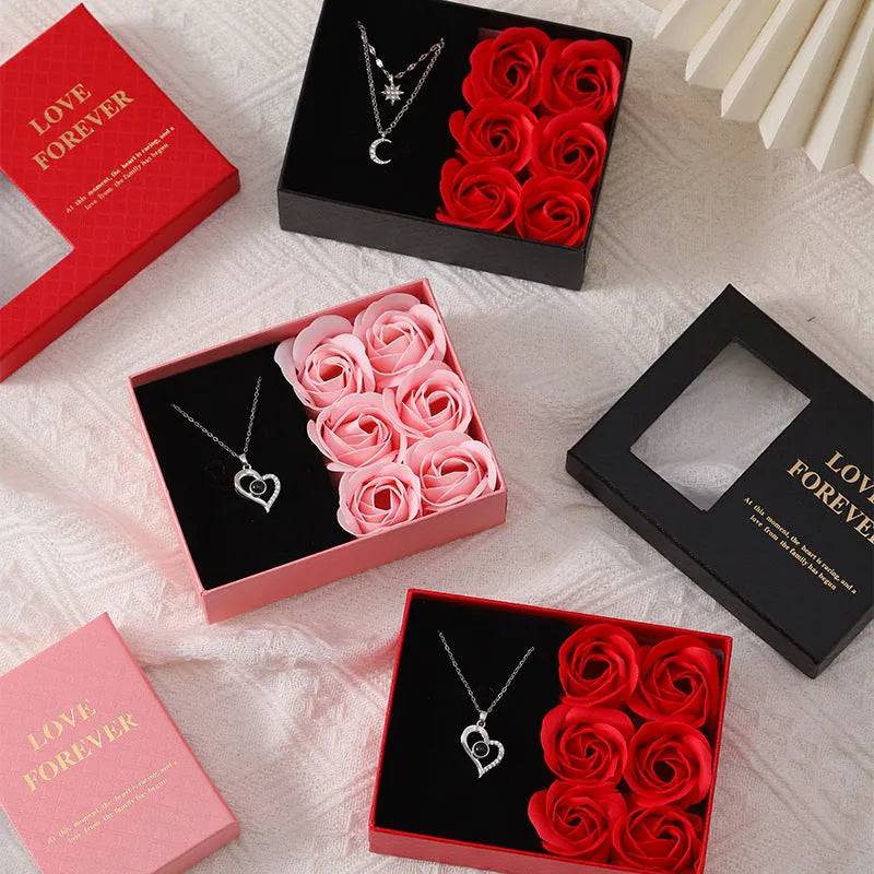 Korean style soap flower bouquet gift set in a red handbag gift box.