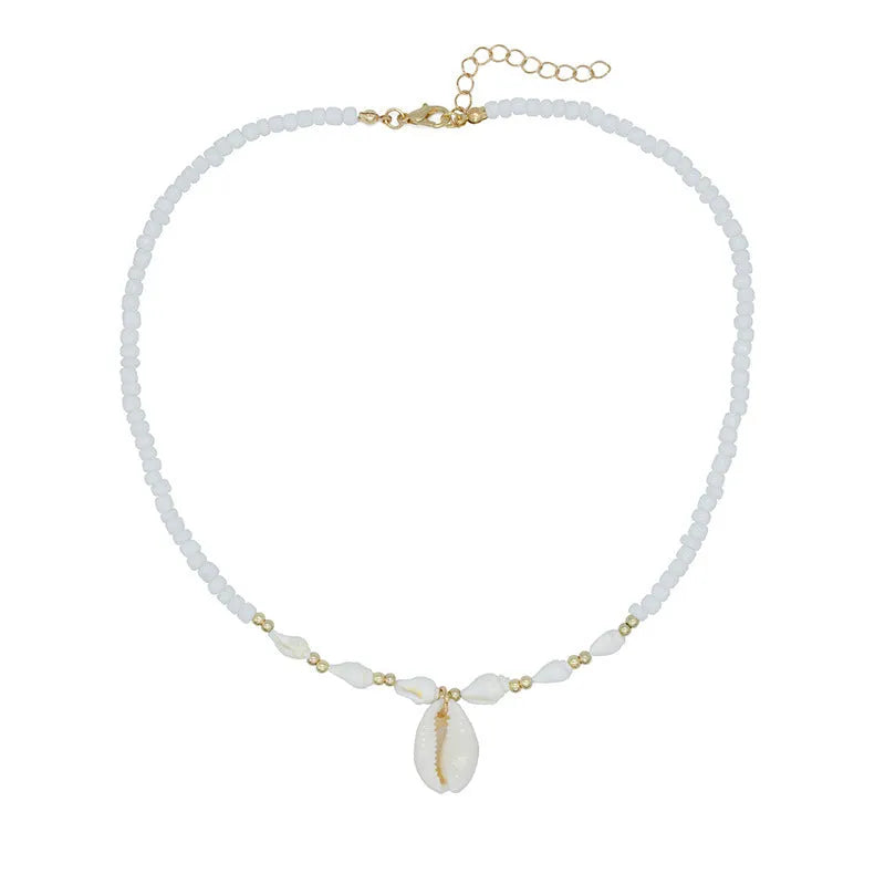 White conch bead necklace with a mother-of-pearl shell pendant on a regular chain