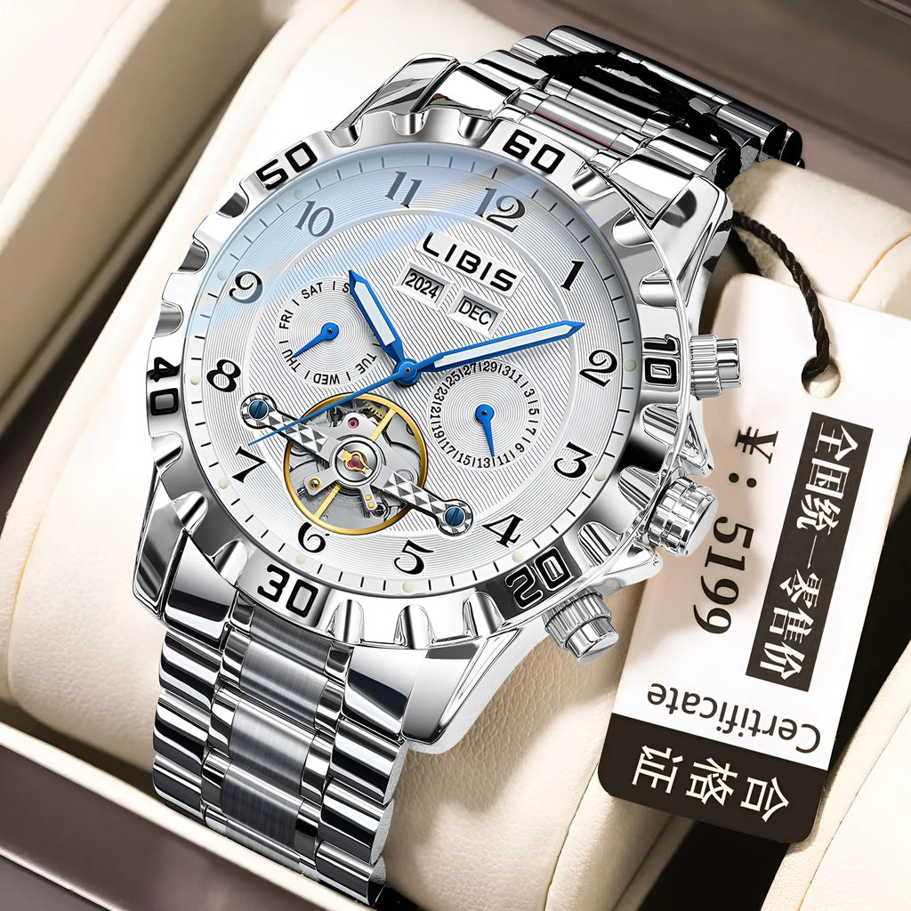 Men's silver automatic perpetual calendar mechanical watch with a stainless steel bracelet.