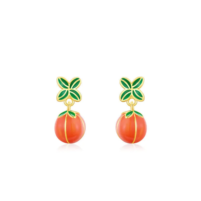 S925 sterling silver persimmon fruit stud earrings with lucky symbol design
