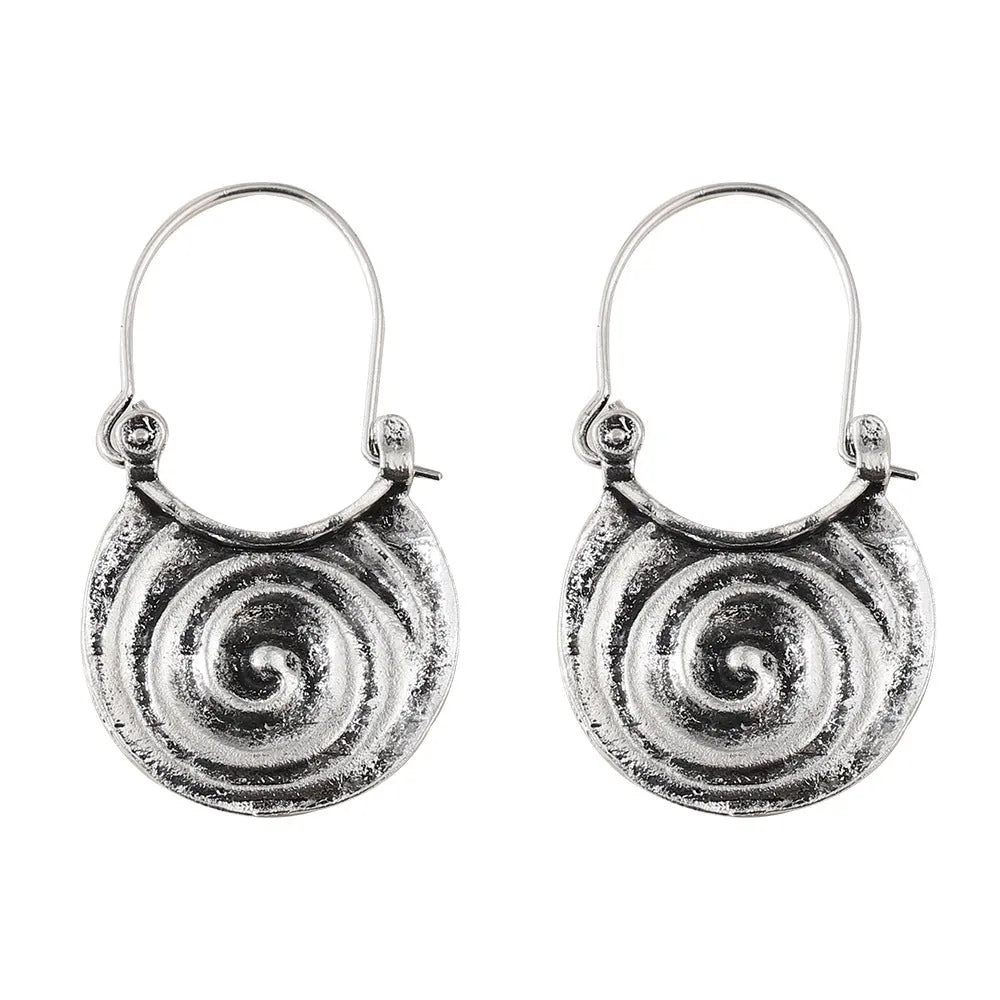 Geometric curved metal earrings with ancient silver finish, zinc alloy, 3.8x2.2cm, on white background