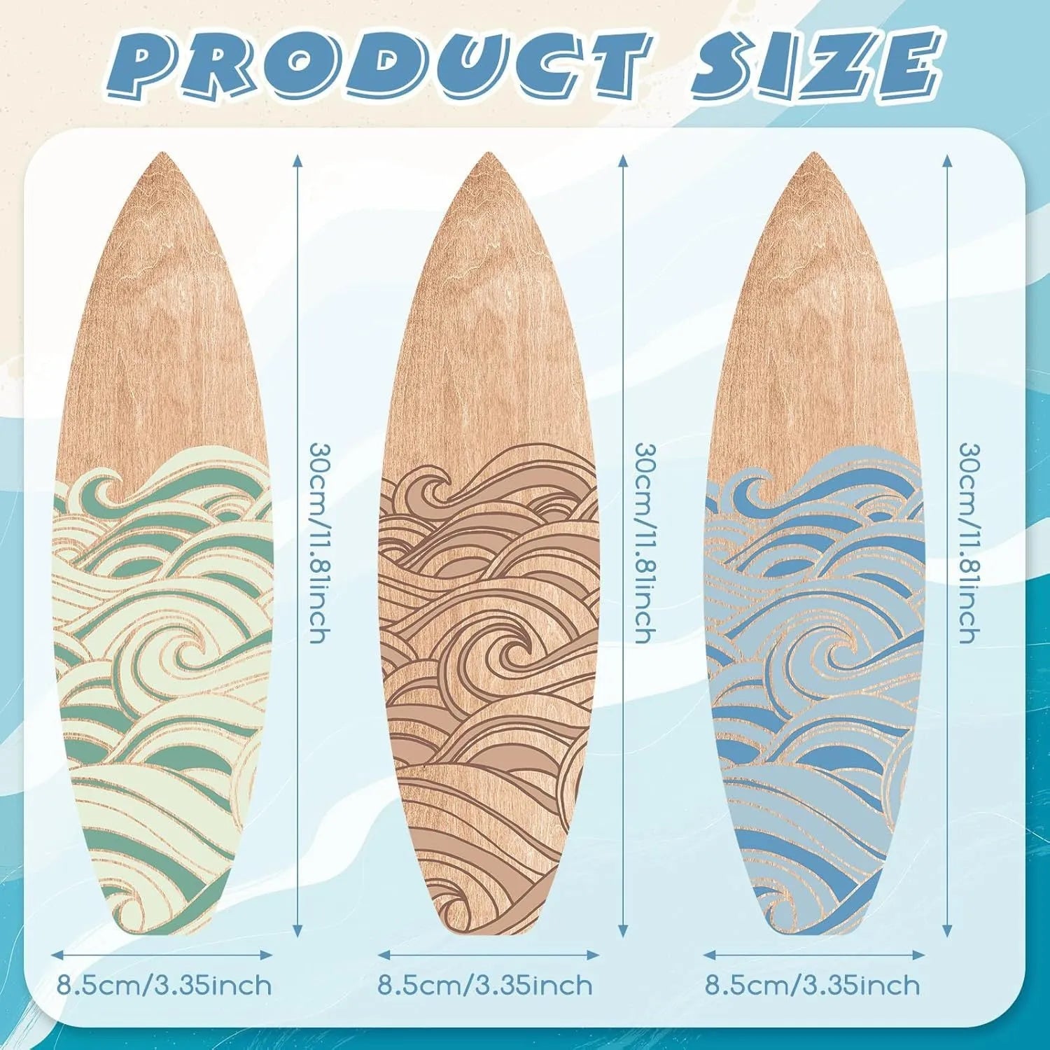 Three identical wooden surfboard wall decorations displayed together
