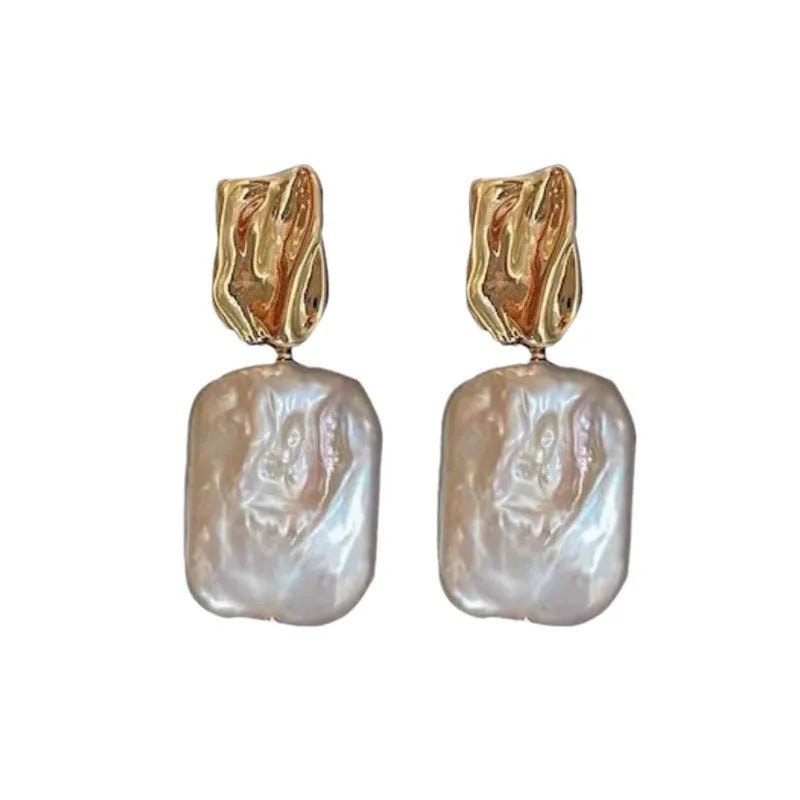 Natural freshwater pearl square stud earrings with geometry quadrilateral retro design in purple white pink colours