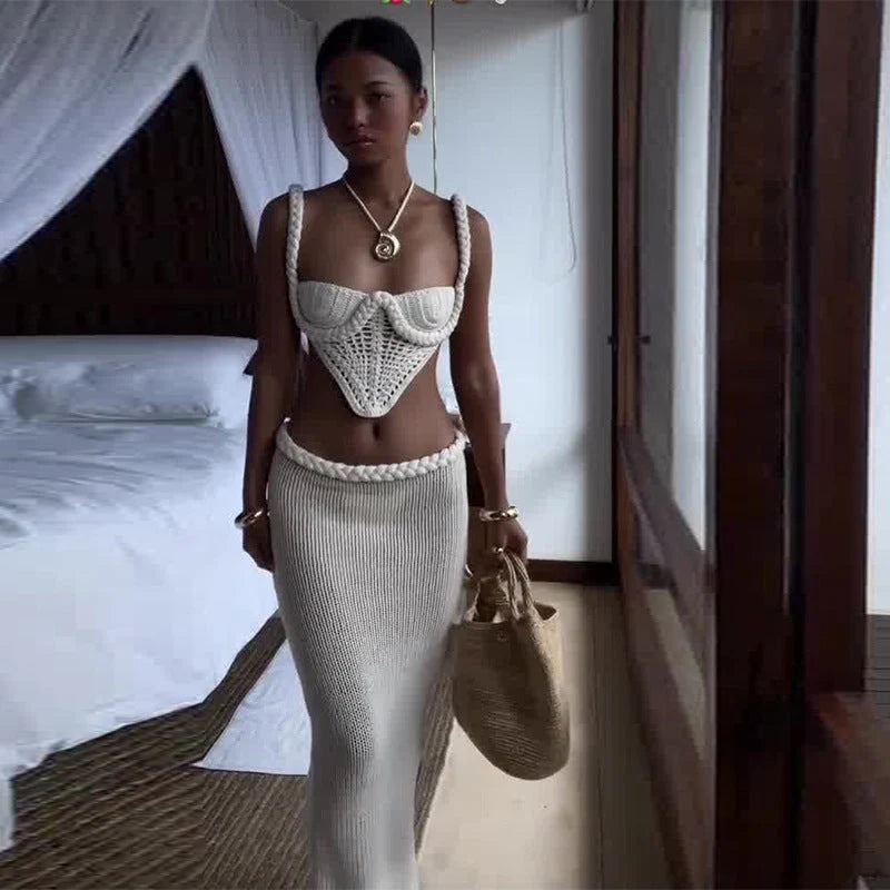 Y2K crochet knit 2 piece skirt set with square collar camisole and hip skirt in white