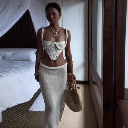 Y2K crochet knit 2 piece skirt set with square collar camisole and hip skirt in white