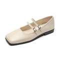 Women's silver leather Mary Jane shoes with cross-buckle strap and low flat heel