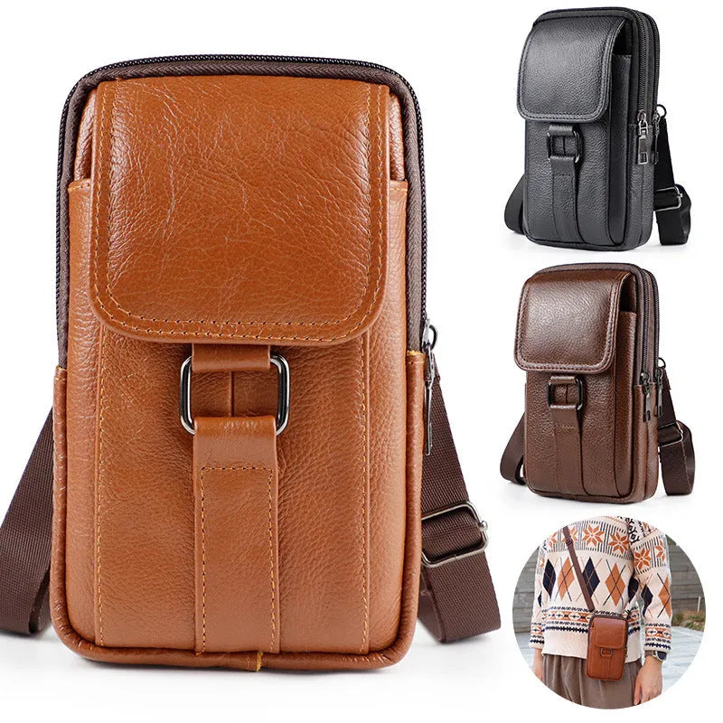 Men's black leather crossbody waist bag with a front lock closure shown in a vertical square shape.
