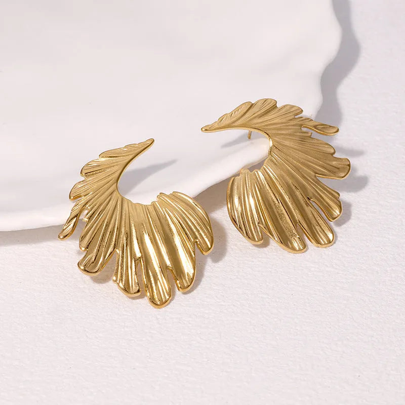 Stainless steel leaf stud earrings in gold and steel colour options