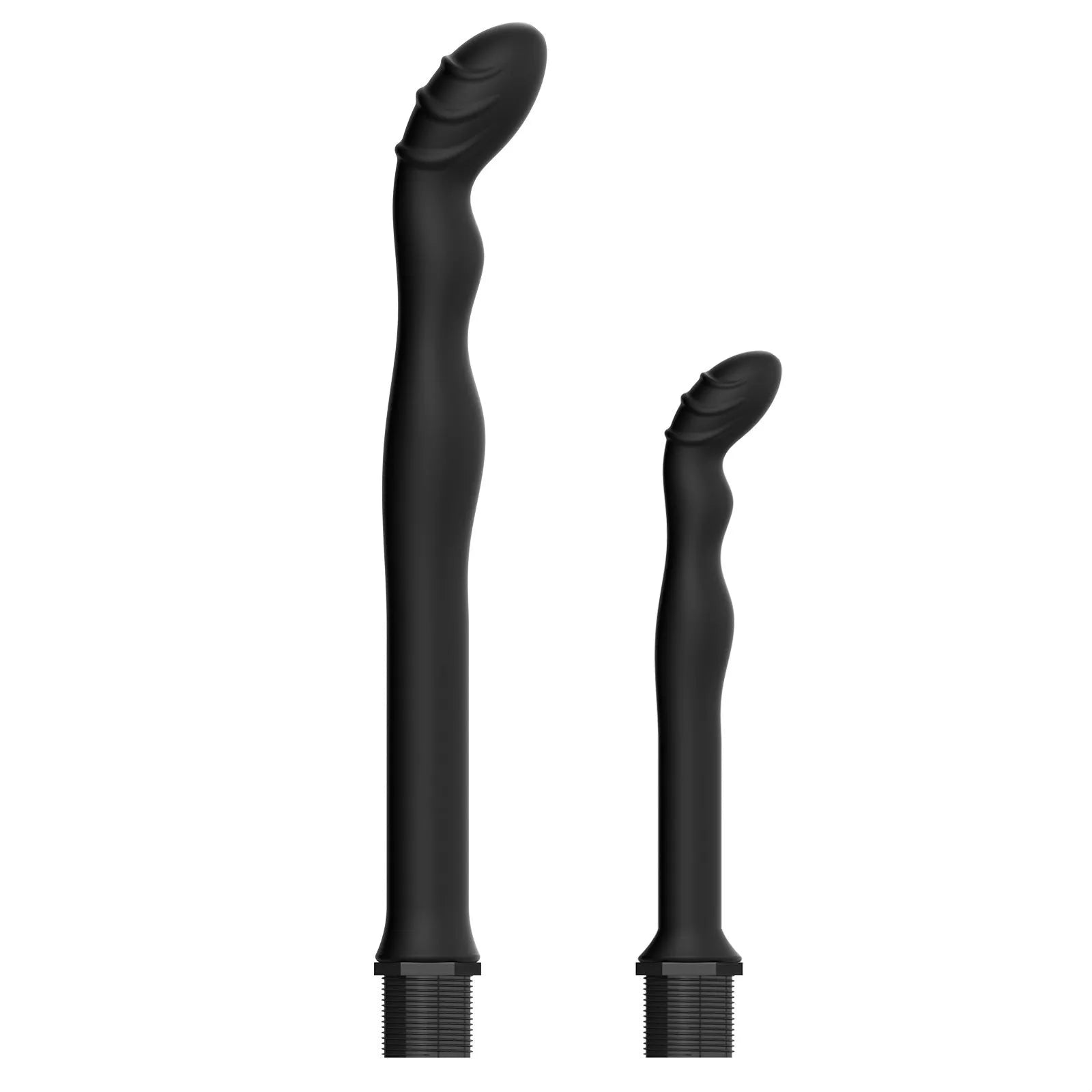 Black silicone sausage filler enema hosepipe flusher shown in large and small size options.