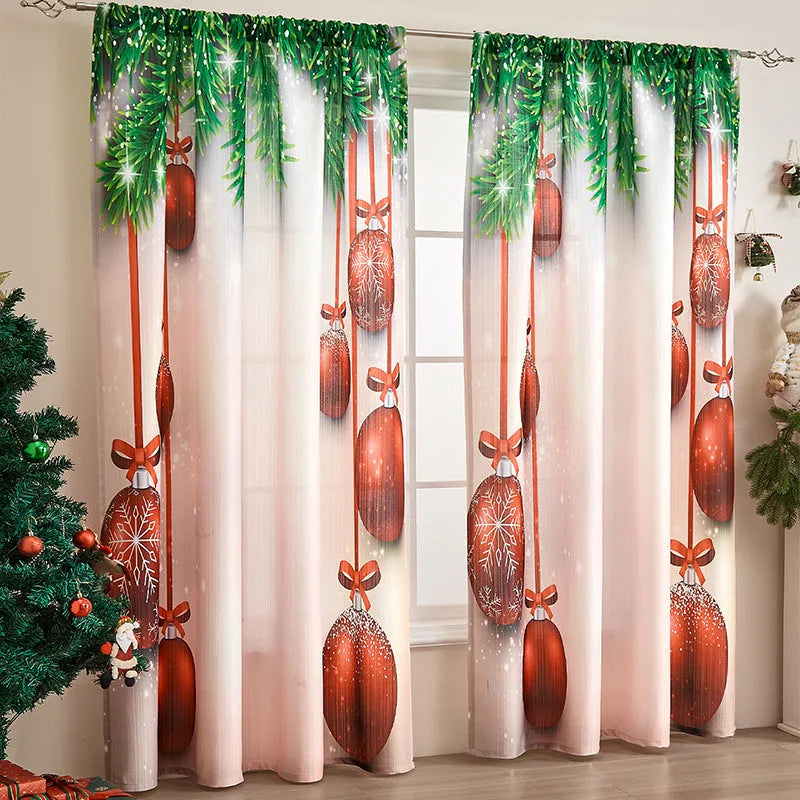 Rectangular printed polyester curtain with festive design hanging in a window
