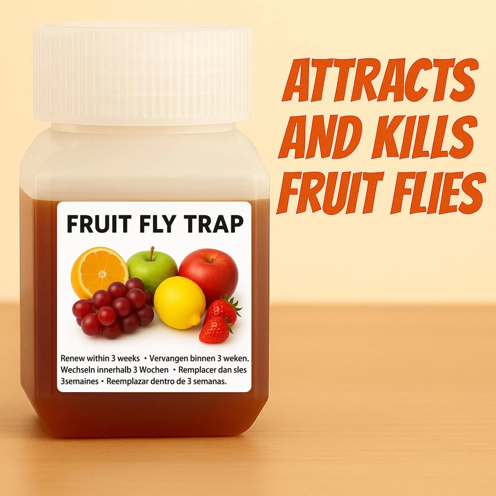 Bottle of SK003 fruit fly bait liquid with a funnel option shown
