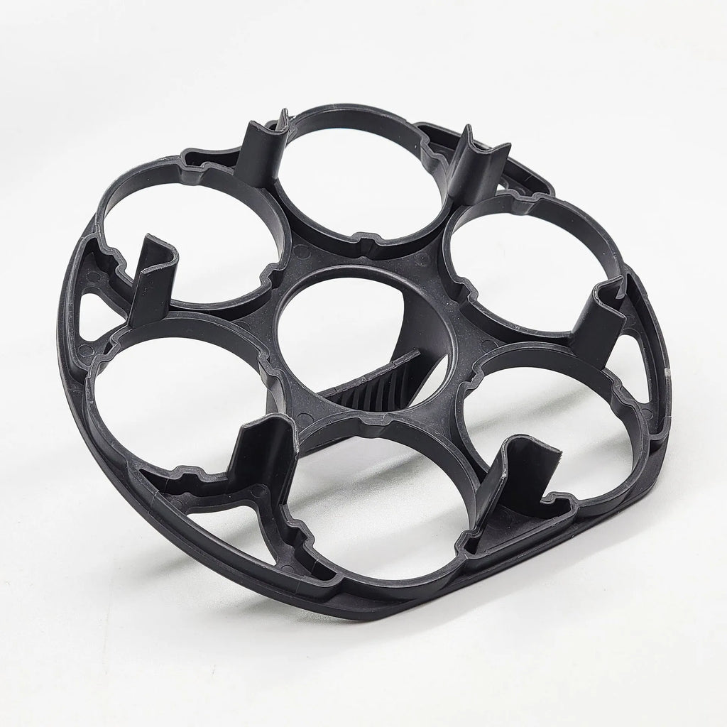 Black plastic egg holder with modern design measuring 13.8 by 12.6 by 5.7 centimetres