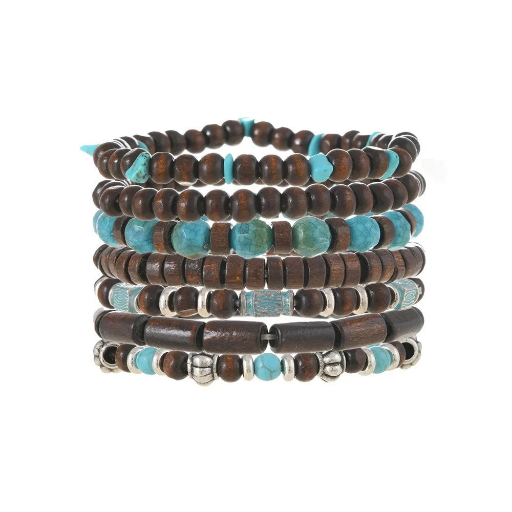 Set of seven retro bracelets with wooden beads and alloy charms in multicolour