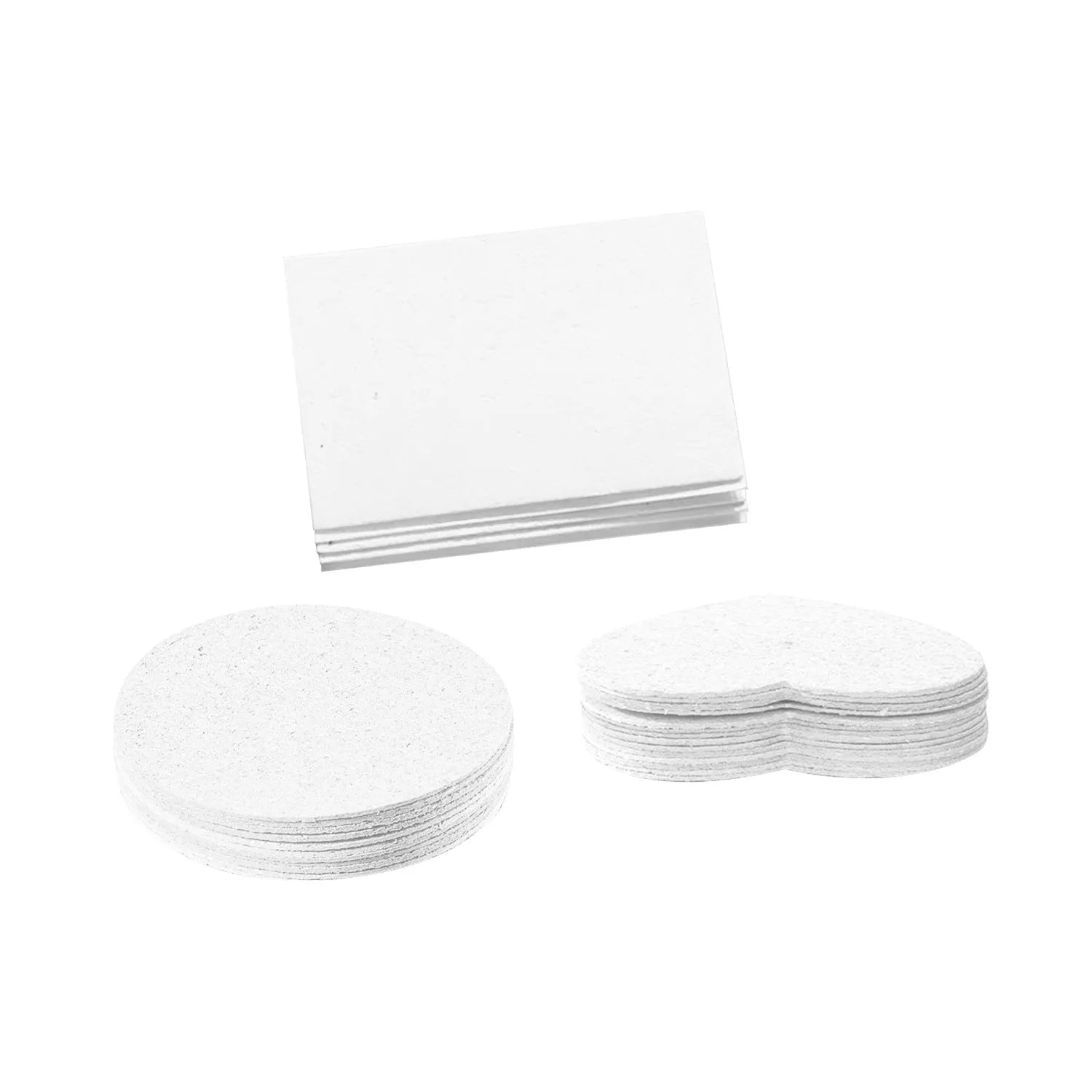 Cartoon wood pulp painting sponge set showing heart, round, and square blanks with six fountain pens for DIY crafting