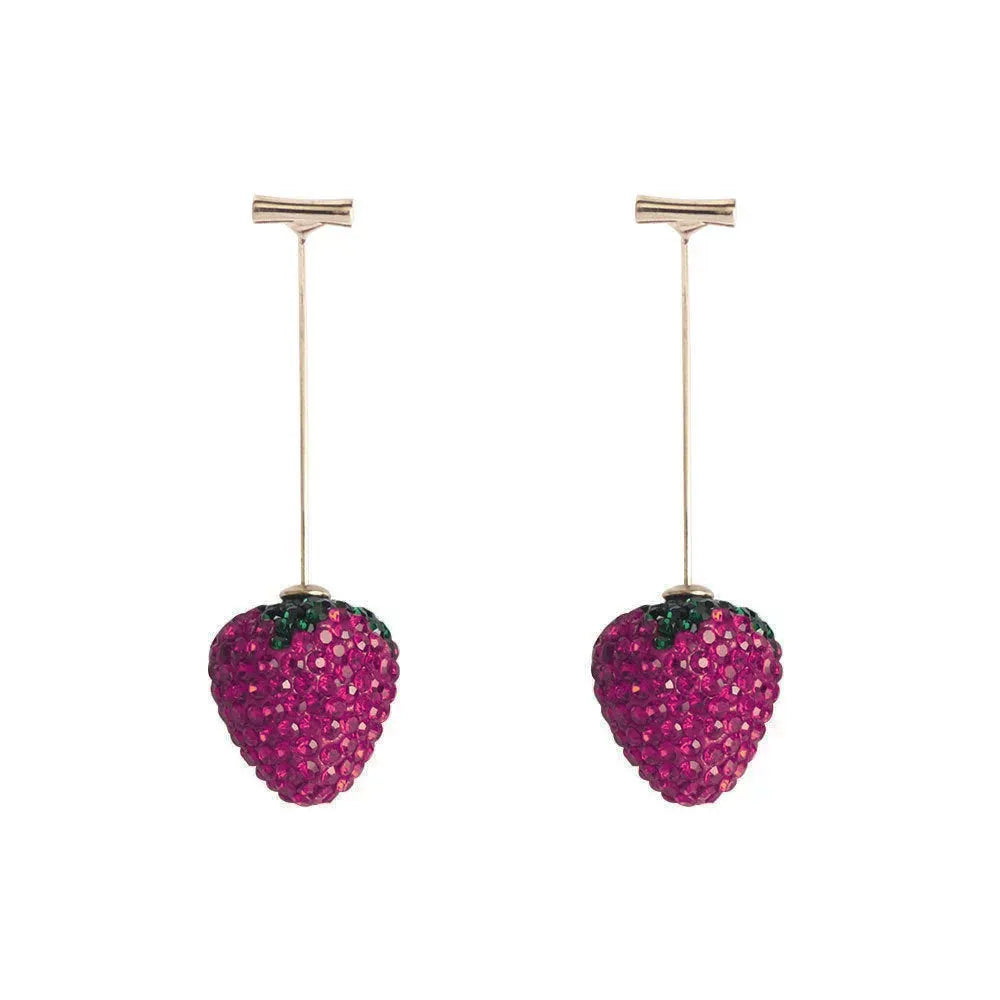 Geometric zinc alloy women's earrings with a red strawberry charm on a white background.