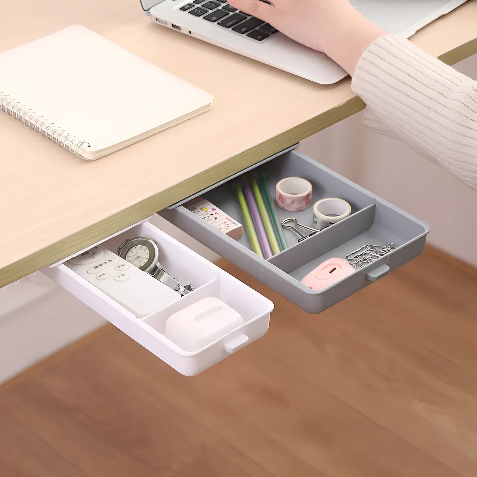 White plastic adhesive under-table storage drawer with covered lid and internal grid compartments
