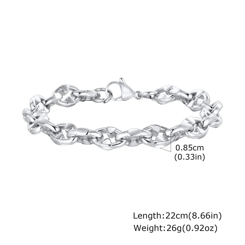 Thick geometric stainless steel chain bracelet in steel colour for men's hip hop fashion.