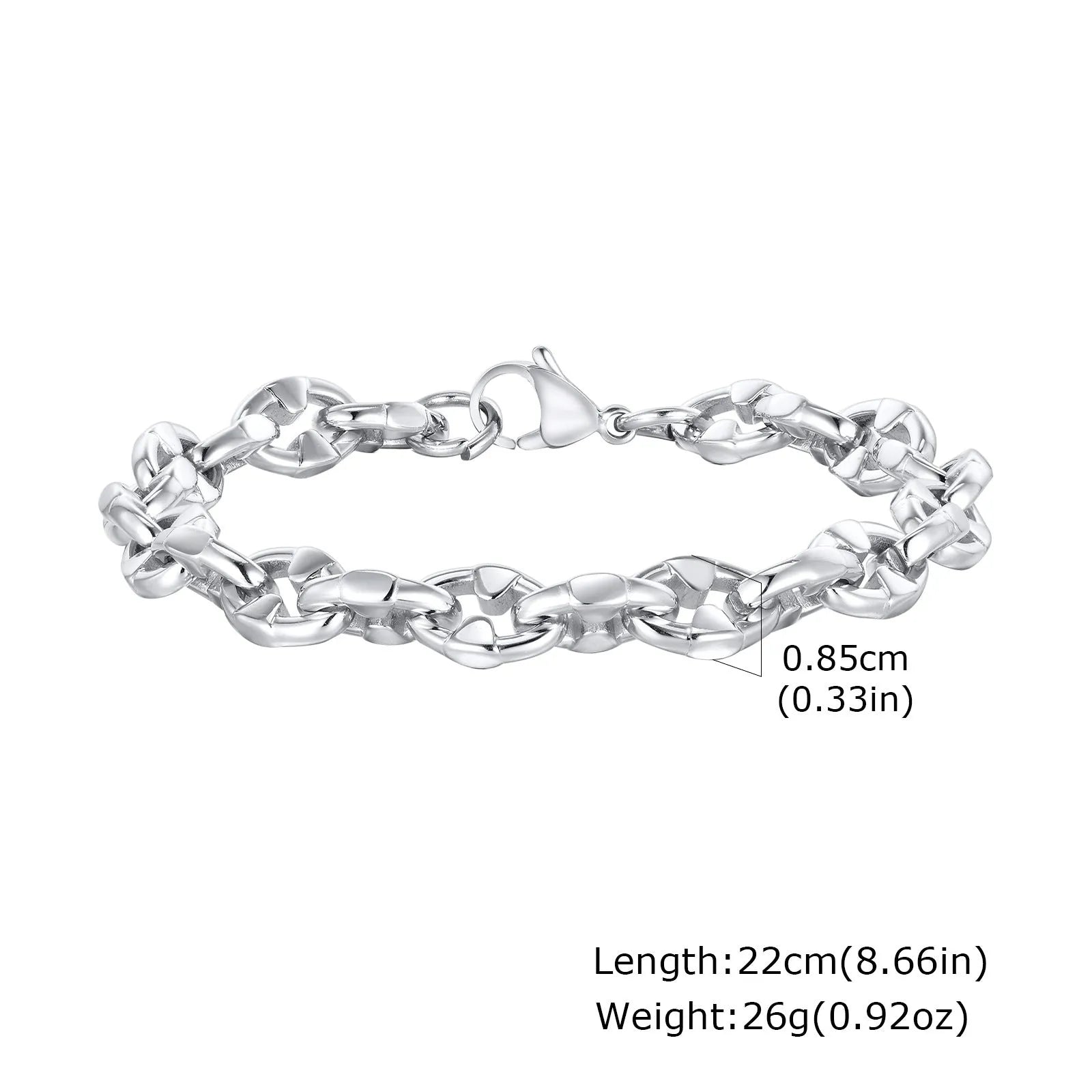 Thick geometric stainless steel chain bracelet in steel colour for men's hip hop fashion.