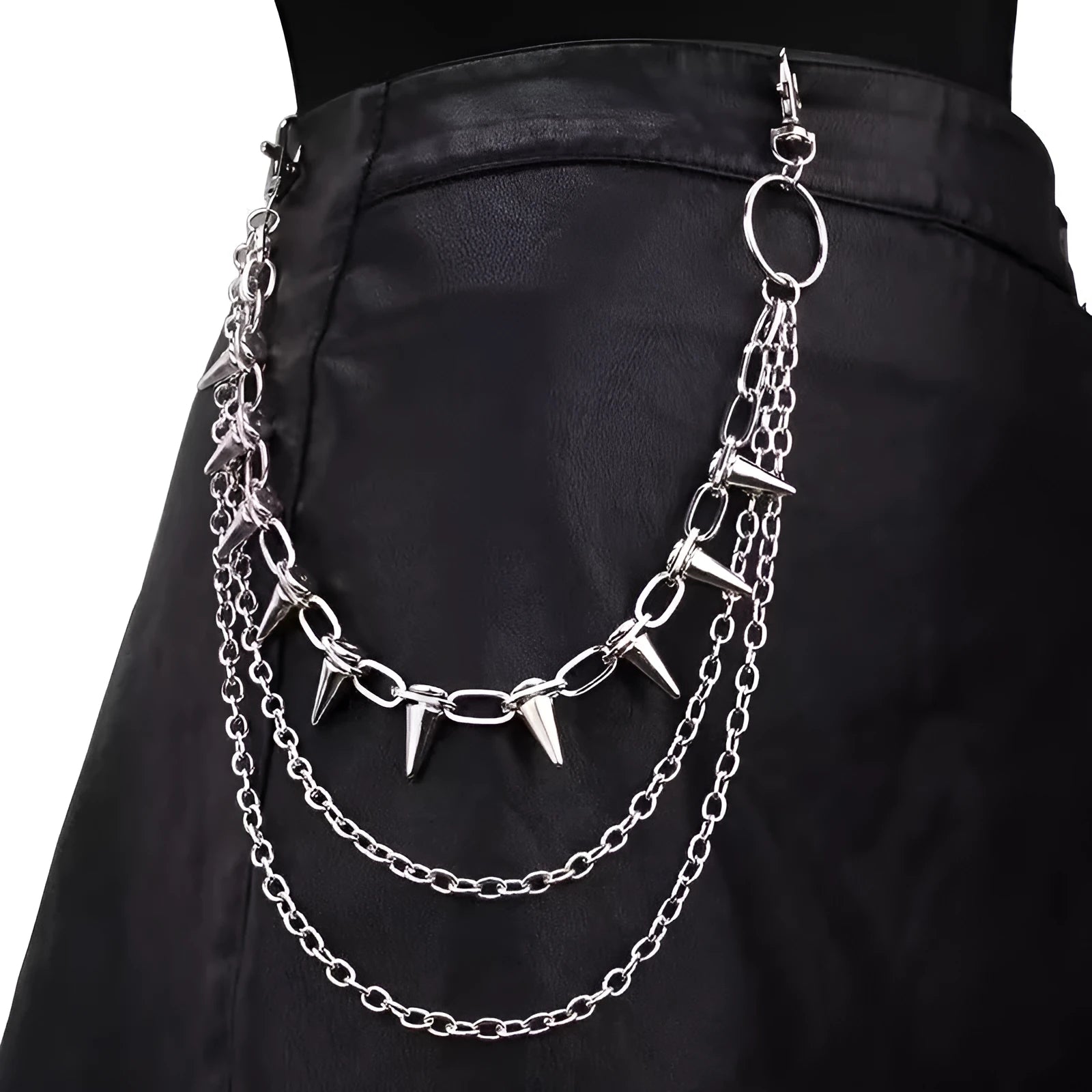 Silver metal trousers chain with double layer design and rivet detailing measuring 115cm for punk hip hop fashion