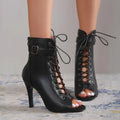 Women's black peep toe roman sandals PU leather high heels with fish mouth toe bracket