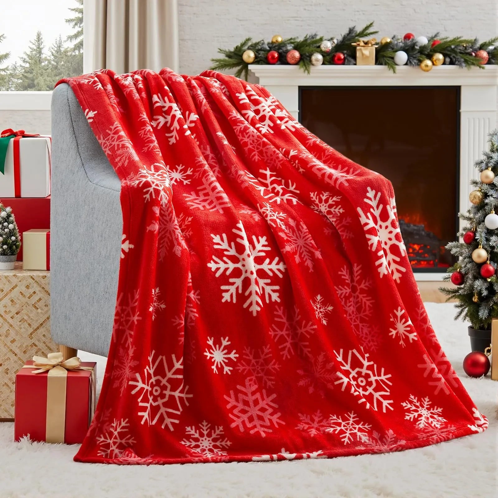 Reversible soft flannel Christmas blanket in a selection of colours and sizes on a sofa.