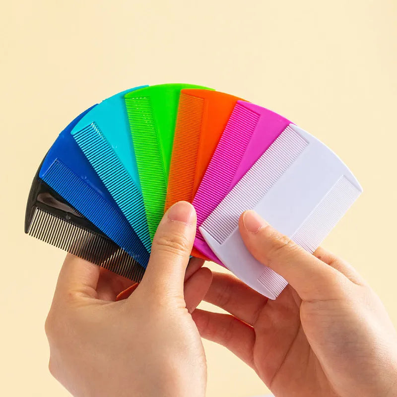 Fine-toothed double-edged plastic comb for pet fleas or human lice in assorted colours.