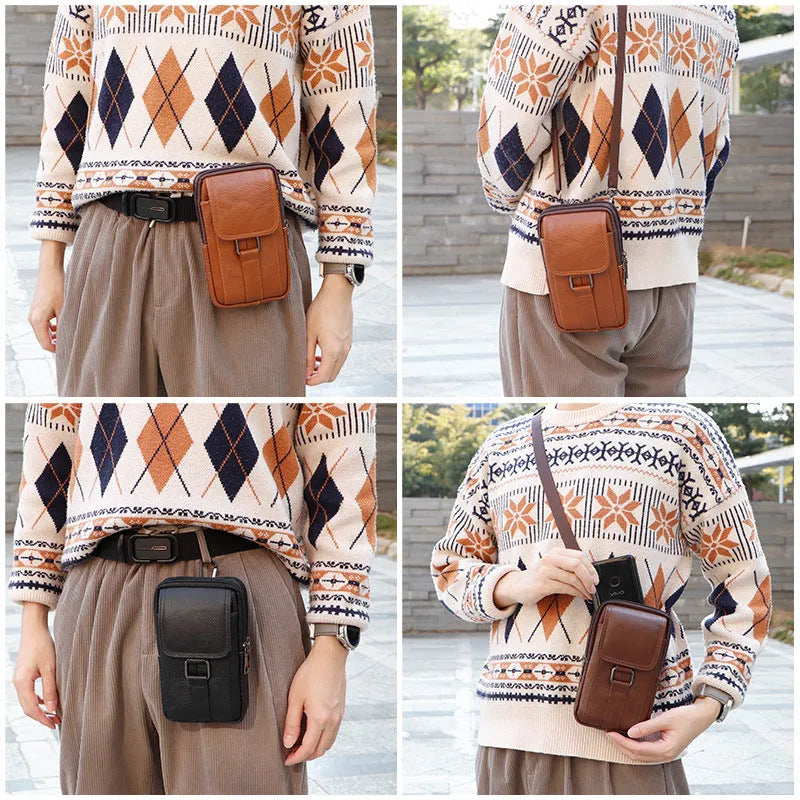 Men's black leather crossbody waist bag with a front lock closure shown in a vertical square shape.