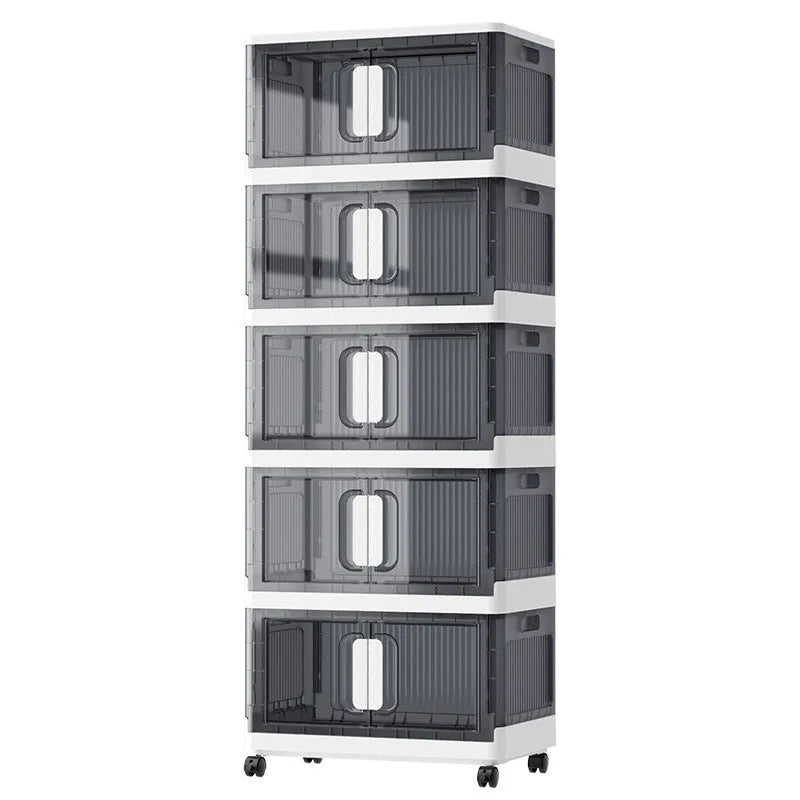 Foldable wheeled storage locker with adjustable layers in grey or white household organiser